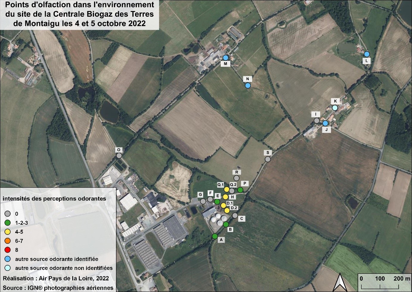 Points d’olfaction dans l’environnement de la Centrale Biogaz des Terres de Montaigu les 28 juin et 26 juillet 2022