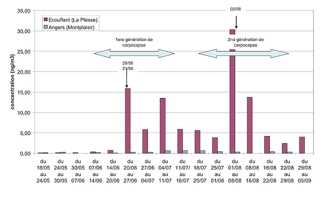 évolution temporelle des concentrations atmosphériques en chlorpyriphos éthyl à la Plesse (Écouflant) et dans le quartier Monplaisir à Angers du 16 mai au 5 septembre 2007