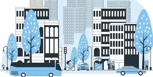 image pour journée Qualité de l’air extérieur et urbanisme : les clefs des collectivités pour améliorer la santé, dessin illustrant des immeubles avec arbres et véhicules devant