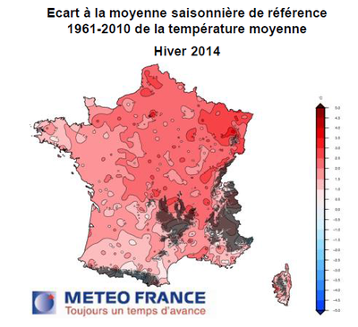 carte de France de la température moyenne-hiver 2014