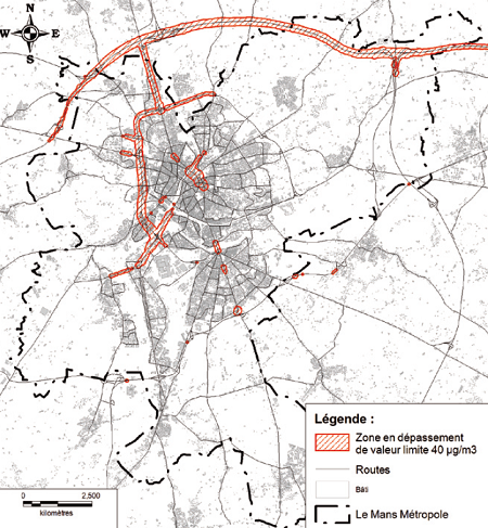 Zones en dépassement de valeur limite pour le NO2 dans l'agglomération mancelle