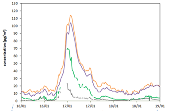 graphique d'un épisode ponctuel de pollution particulaire liée à la combustion de biomasse le 17 janvier à Nantes