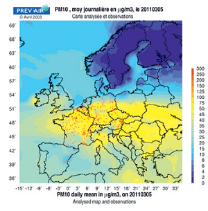 Episode de pollution par les particules fines de mars 2011 (source Prev'air)