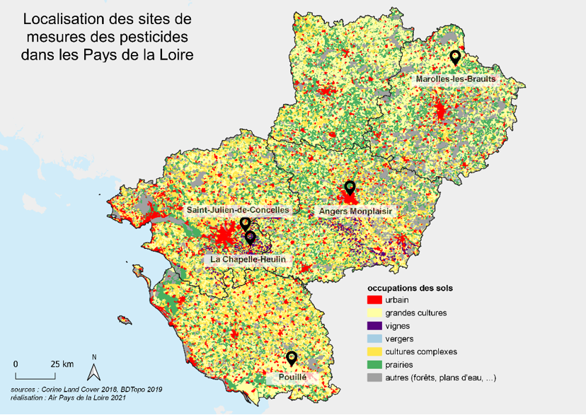Localisation sites mesure pesticides Pays de la Loire