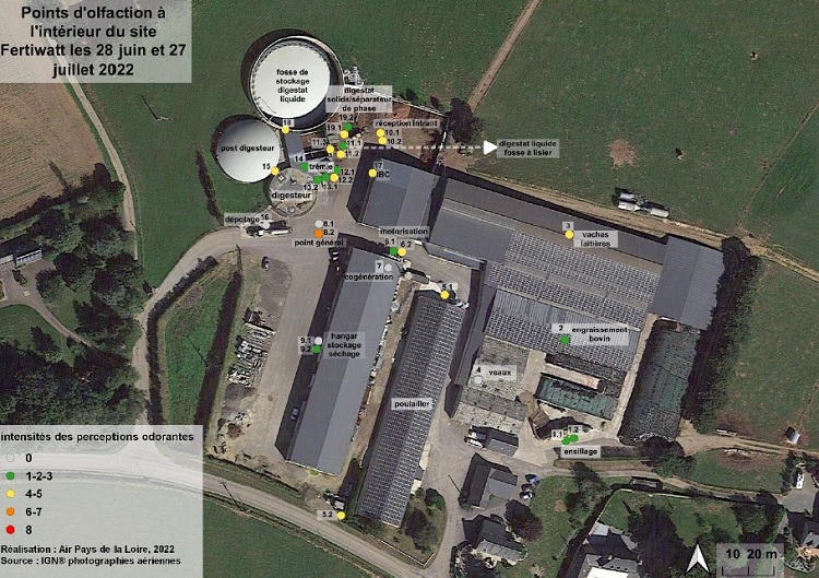 photo aérienne avec les points d’olfaction à l’intérieur de Fertiwatt et intensités maximales ressenties