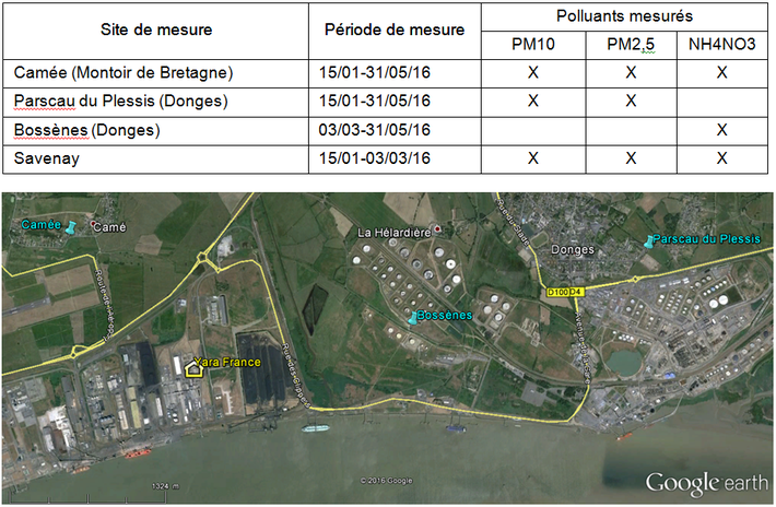 carte des 4 sites de mesure ont été instrumentés pour mesurer en continu les poussières fines PM10 et PM2,5 