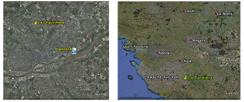 Localisation du site de la Chauvinière dans l'agglomération nantaise et situation de la station de la Tardière en Vendée (site MERA)