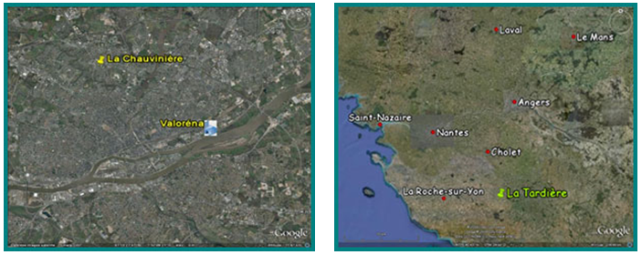 Localisation du site de la Chauvinière dans l'agglomération nantaise et situation de la station de la Tardière en Vendée (site MERA)