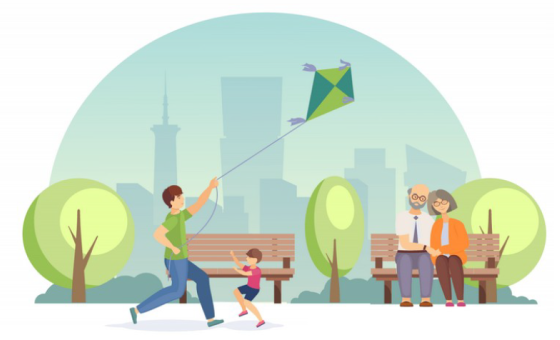 Dessin d'un parc dans une ville. Un couple agré est assis sur un banc. Un adulte joue au cerf-volant avec un enfant.