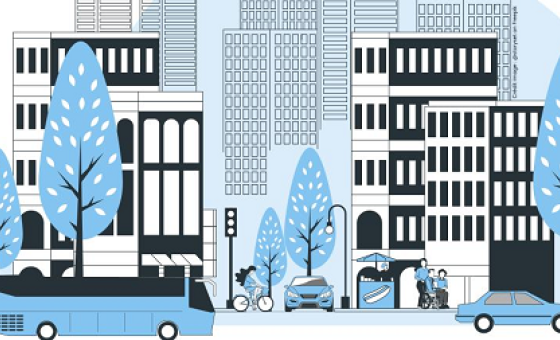 image pour journée Qualité de l’air extérieur et urbanisme : les clefs des collectivités pour améliorer la santé, dessin illustrant des immeubles avec arbres et véhicules devant