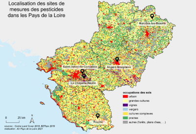 Localisation des sites de mesures des pesticides dans les Pays de la Loire