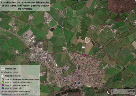 Localisation du camion laboratoire et des tubes à diffusion passive autour de Rivergaz