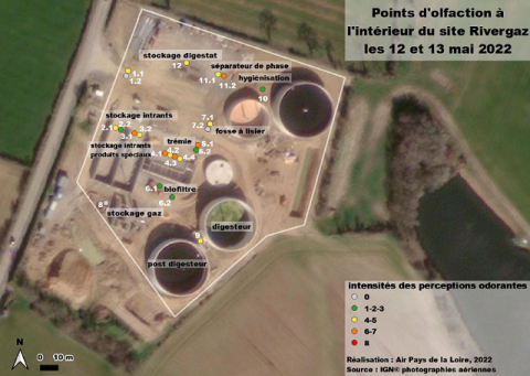 Points d’olfaction à l’intérieur de Rivergaz et intensités ressenties