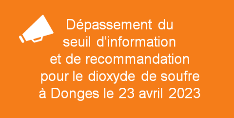 Visuel sur fond orange sur lequel on voit un dessin de porte-voix et le texte : Dépassement du seuil d’information et de recommandation pour le dioxyde de soufre à Donges le 23 avril 2023