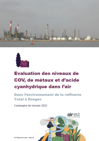 couverture du rapport d'évaluation des niveaux de COV, de métaux et d'acide cyanydrique dans l’air dans l’environnement de la raffinerie TotalEnergies à Donges, 2022