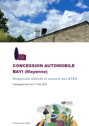 couverture rapport du diagnostic olfactif et mesure des BTEX à la concession auto BAYI à Mayenne avec photo du toit