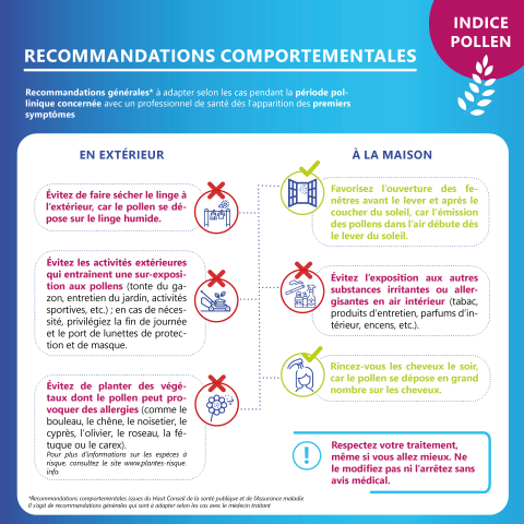 Infographie intitulée "Recommandations comportementales" à suivre en période pollinique. Elle est divisée en deux colonnes : "En extérieur" et "À la maison", avec des pictogrammes et des croix rouges (à éviter) ou des coches vertes (à favoriser). Encadré final en bas : "Respectez votre traitement même si vous allez mieux. Ne le modifiez pas ni ne l’arrêtez sans avis médical."