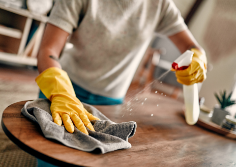 On voit le buste d'une personne, elle a des gants de ménage, un produit ménager dans une main qui pulvérise, et un chiffon dans l'autre main.