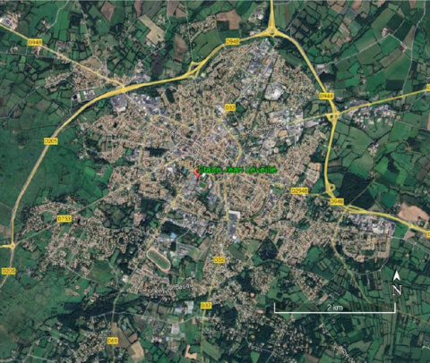 Carte du bourg de Challans avec localisation du site où était le préleveur de particules