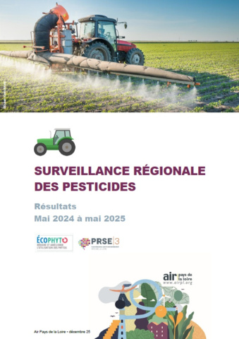 couv du rapport de résultats de surveillance régionale des pesticides de mai 2024 à mai 2025 avec image de tracteur dans un champ