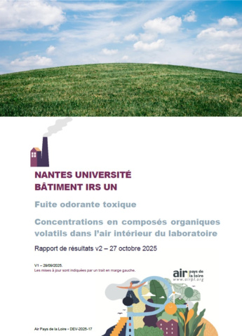 couv rapport de résultats des concentrations en COV dans l'air intérieur du laboratoire à Nantes Université suite fuite odorante toxique avec image d'herbe et de ciel