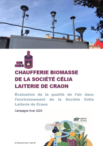 couv du rapport d'évaluation de la QA de la chaufferie biomasse dans l'env. de la Sté Célia Laiterie de Craon, campagne hiver 2025 avec image d'appareils de mesure sur le toit de la station