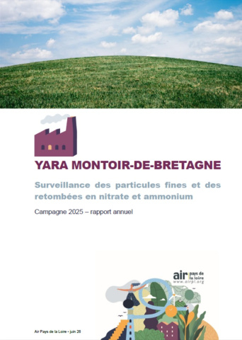 couv du rapport de surveillance des particules fines et des retombées en nitrate et ammonium autour de YARA à Montoir-de-Bretagne en 2025 avec illustration de d'herbe et de ciel
