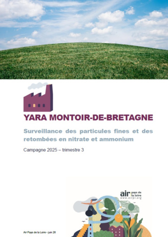 couv du rapport de surveillance des particules fines et des retombées en nitrate et ammonium dans l'environnement de Yara au 3e trimestre 2025 avec illustration d'herbe et de ciel