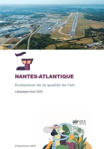 couv du rapport d'évaluation de la qualité de l'air dans l'env. de l'aéroport de Nantes-Atlantique, hiver 2025 avec une vue aérienne de l'aéroport