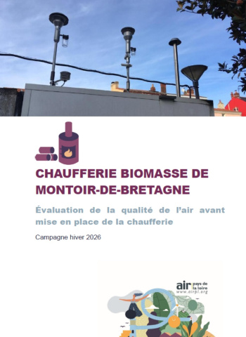 couv du rapport d'évaluation de la QA avant mise en service de la chaufferie biomasse de Montoir-de-Bretagne, campagne hiver 2026 photos des appareils de mesure sur le toit de la station