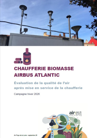 couv du rapport d'évaluation de la QA après mise en service de la chaufferie biomasse Airbus Atlantic, campagne hiver 2026 avec photos des appareils de mesure sur station