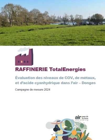 couv rapport sur l'évaluation des niveaux de COV, métaux et acide cyanhydrique dans l’air de la raffinerie TotalEnergies à Donges, campagne 2024 avec photo de la raffinerie au loin, pelouse et arbres au devant