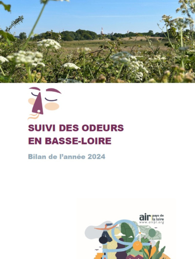 couv rapport de suivi des odeurs en Basse-Loire, bilan de l'année 2024 avec photo d'une usine en fond et herbe et fleurs au devant