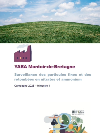couv du rapport de la campagne 2025 de YARA à Montoir-de-Bretagne sur la surveillance des particules fines et des retombées en nitrates et ammonium avec photo d'herbe et ciel