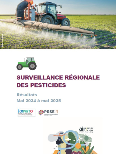 couv du rapport de résultats de surveillance régionale des pesticides de mai 2024 à mai 2025 avec image de tracteur dans un champ