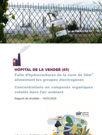 couv du rapport de résultats des concentrations en COV dans l'air ambiant suite fuite cuve à l'hôpital de la Vendée avec photo d'un canister posé sur un grillage