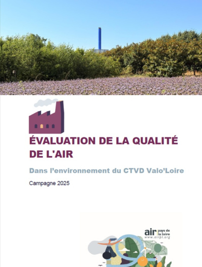 couv du rapport d'évaluation de la QA dans l'environnement du CTVD Valo'Loire, campagne 2025 avec photo du site (fleurs et arbres au premier plan et usine en second plan) 