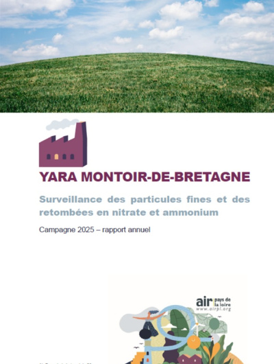 couv du rapport de surveillance des particules fines et des retombées en nitrate et ammonium autour de YARA à Montoir-de-Bretagne en 2025 avec illustration de d'herbe et de ciel