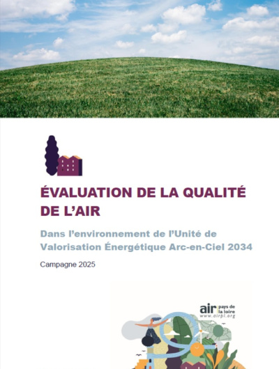 couv du rapport d'Évaluation de la QA dans l'env; de l'UVE Arc-en-Ciel 2034, campagne 2025 avec image d'herbe et de ciel