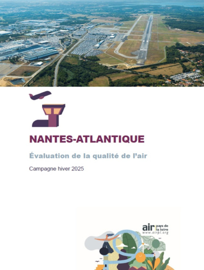 couv du rapport d'évaluation de la qualité de l'air dans l'env. de l'aéroport de Nantes-Atlantique, hiver 2025 avec une vue aérienne de l'aéroport