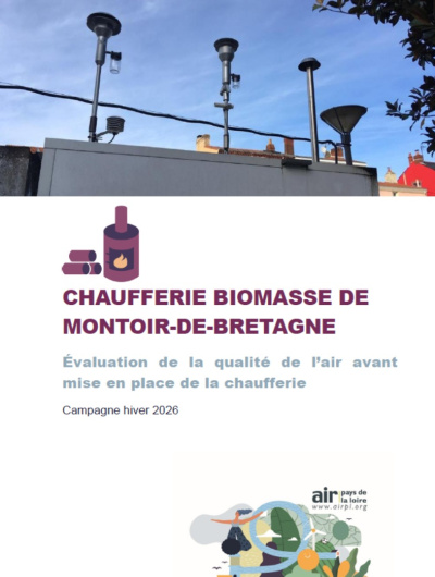 couv du rapport d'évaluation de la QA avant mise en service de la chaufferie biomasse de Montoir-de-Bretagne, campagne hiver 2026 photos des appareils de mesure sur le toit de la station